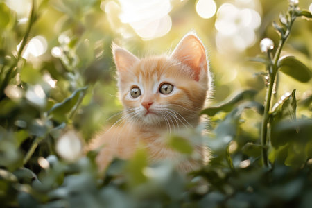 An adorable orange kitten explores a lush green garden, bathed in warm summer light, looking curious and playful.の写真素材