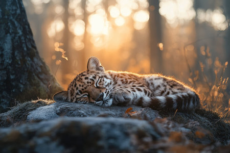 A leopard is sleeping on a rock in a tranquil forest. The setting sun casts a warm glow through the trees.の写真素材