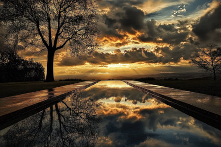 A tranquil sunset casts vibrant colors over a reflective pool with lush trees nearby at dusk.の写真素材