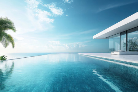 Modern infinity pool reflects the bright sky while offering breathtaking ocean views under clear daylight.の写真素材