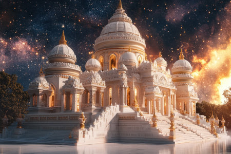 A grand temple shines with intricate architecture as a starry sky and cosmic colors surround it at night.の写真素材