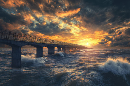 Waves crash against a pier as a vibrant sunset paints the sky in vivid colors and contrasts.の写真素材