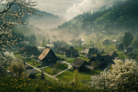 A peaceful village surrounded by lush greenery and mountains, shrouded in mist with blooming flowers.の写真素材