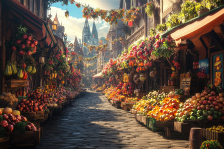 A bustling market features various fruits and flowers, set against an enchanting backdrop of historic architecture.の写真素材