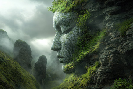 A large stone face emerges from a hillside, enveloped by greenery and mist in a serene mountain setting.の写真素材