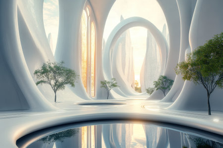 Intricate structures with smooth, curved surfaces surround tranquil waters and lush greenery under soft sunlight.の写真素材