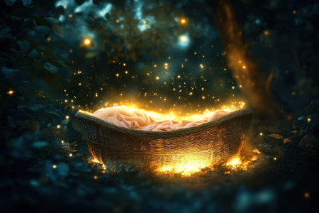 In a mystical forest, a woven basket emits a soft glow, surrounded by sparkling lights and enchanting shadows.の写真素材