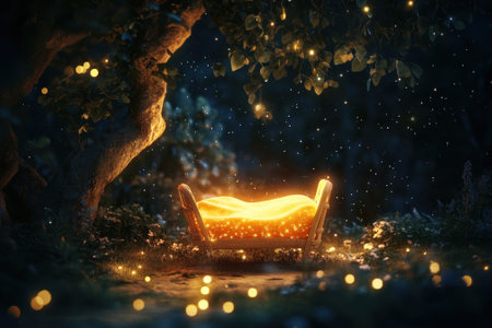 A serene bench in a magical forest is surrounded by twinkling lights, creating a tranquil nighttime atmosphere.の写真素材