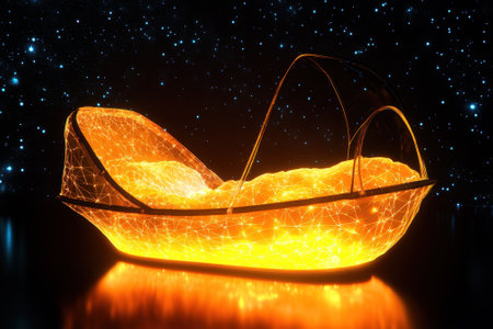A glowing cradle made of light hangs suspended in a dark environment resembling outer space.の写真素材
