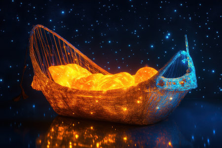 A unique boat design glows with warm orange tones, set against a deep blue starry night sky.の写真素材