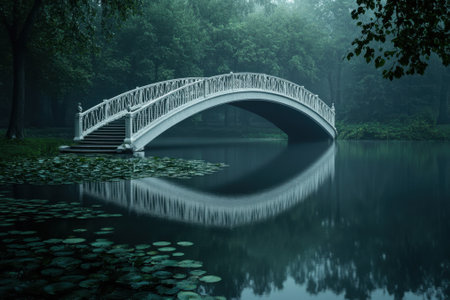 A white arch bridge spans over serene waters, with misty trees creating a tranquil atmosphere at dawn.の写真素材