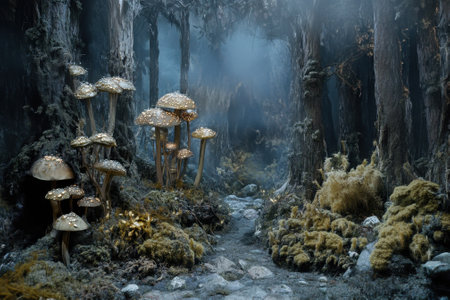 A winding forest path reveals glowing mushrooms surrounded by lush moss and tall trees shrouded in mist.の写真素材
