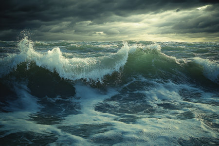 Powerful waves roll in on a turbulent sea with dark clouds looming overhead during twilight.の写真素材