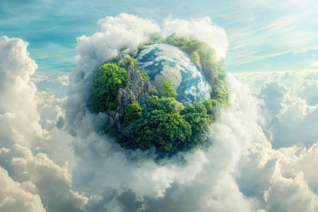 A vibrant globe surrounded by green trees and towering rocks floats amidst fluffy clouds under a blue sky.の写真素材