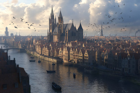 A picturesque medieval city along a river features detailed buildings and a grand cathedral under cloudy skies.の写真素材