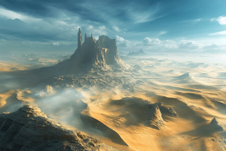Vast sand dunes stretch towards towering rock formations illuminated by a stunning sky at sunset.の写真素材