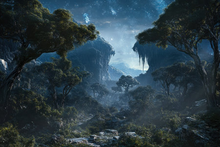 A stunning view of a dense forest illuminated by a starry sky, showcasing lush trees and mysterious mist.の写真素材