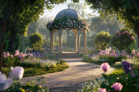 A picturesque gazebo covered in blooms stands in a lush garden filled with colorful flowers, giving a tranquil feel.の写真素材