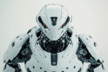 Humanoid robot stands confidently with detailed features, set against a sleek, minimalist backdrop.の写真素材