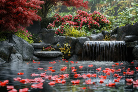 A peaceful garden showcases a gentle waterfall surrounded by colorful blooms and lush greenery.の写真素材