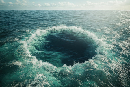 A captivating whirlpool swirls in the ocean, surrounded by vibrant turquoise waters and illuminated by morning light.の写真素材