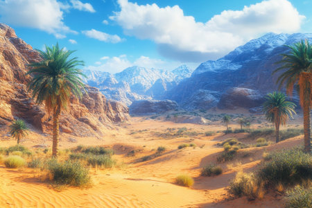 This view showcases a vast desert with palm trees and rocky mountains in the background, illuminated by midday sun.の写真素材