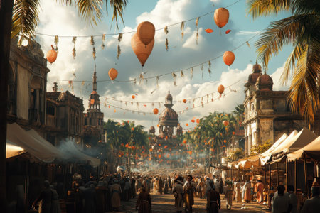 Festive lanterns and balloons decorate a busy street filled with vendors and joyful crowds celebrating together.の写真素材