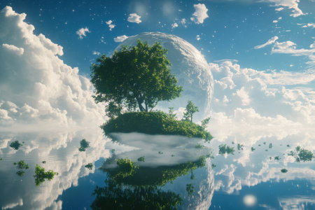 A tranquil landscape features a solitary tree on an island surrounded by water and soft clouds under blue skies.の写真素材