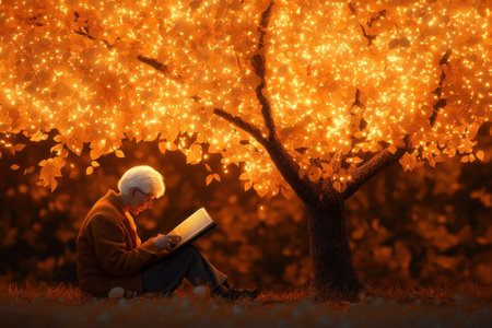 A person enjoys reading quietly beneath a vibrant tree adorned with sparkling autumn leaves in a park.の写真素材