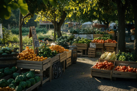 Baskets overflowing with fruits and vegetables create a lively atmosphere at the market in autumn.の写真素材