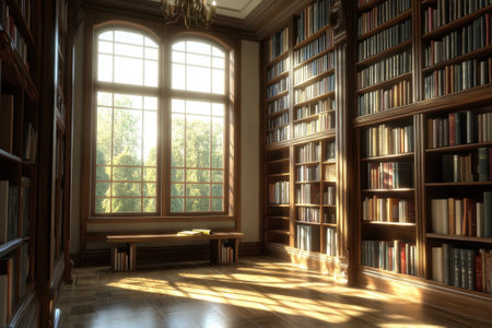 Sunlight streams through windows, lighting wooden shelves filled with books in a cozy library.の写真素材