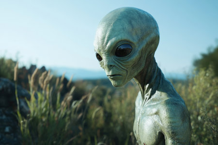 An alien figure with green skin and large eyes is positioned in tall grass under a clear sky, evoking curiosity.の写真素材
