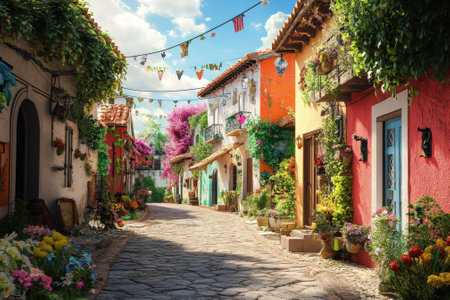 Charming street features colorful houses adorned with flowers, flags, and a clear blue sky in spring.の写真素材