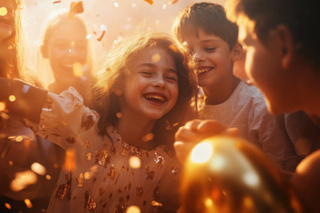 A group of happy children laugh and play together, enjoying confetti in a joyful celebration.の写真素材