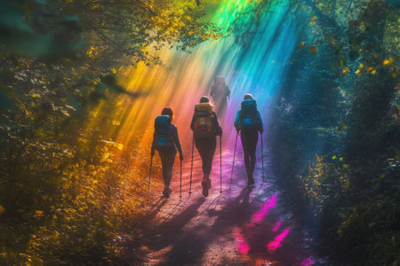 Group of hikers walking down a forest path with bright colors shining through the trees during daytime.の写真素材