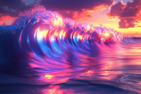 Colorful waves break on the shore at sunset, creating a stunning display of light and movement.の写真素材