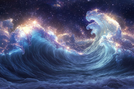 Powerful waves surge towards the shore, illuminated by shimmering light against a cosmic backdrop.の写真素材