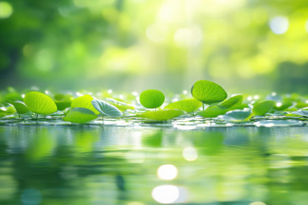 Vibrant green water lilies gently drift on a calm pond, surrounded by lush greenery under bright sunlight.の写真素材
