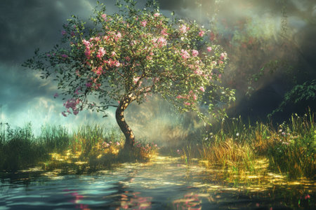 A beautiful flowering tree stands by still water, reflecting colors from a dramatic sky at dusk.の写真素材
