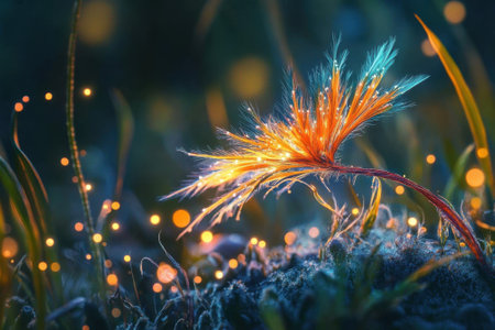 A glowing plant stands out amid soft grass, surrounded by enchanted lights in a twilight forest.の写真素材