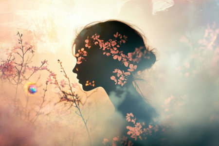 A woman's silhouette is adorned with delicate floral patterns, blending into a dreamy backdrop of soft colors.の写真素材