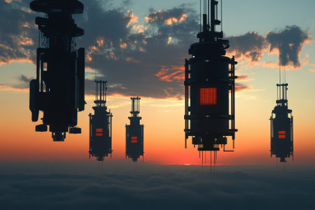 Futuristic devices hover above a sea of clouds during a vibrant sunset, casting shadows and colors.の写真素材