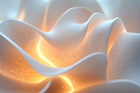 Soft white fabric waves reveal a warm, glowing light, creating an inviting and ethereal atmosphere.の写真素材