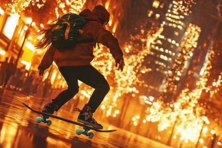 A skateboarder rides smoothly along city streets adorned with vibrant holiday lights at night.の写真素材