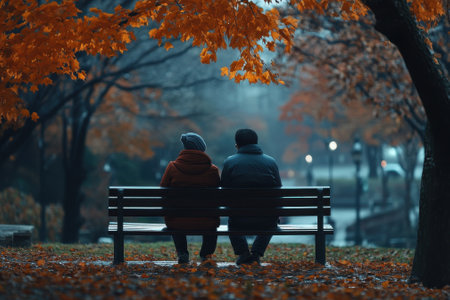 A couple sits closely on a park bench, immersed in the tranquility of a foggy autumn afternoon.の写真素材