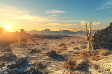 Golden sunlight casts long shadows over a desert landscape dotted with cacti and rugged terrain.の写真素材