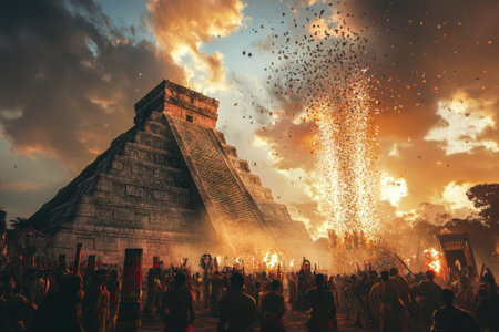 Celebration features dancers, fire displays, and crowds at a Mayan pyramid with a vibrant sunset backdrop.の写真素材
