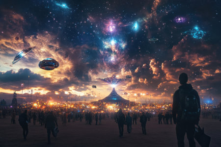 An expansive festival fills the ground as vibrant lights and cosmic visuals glow against a dramatic sunset sky.の写真素材