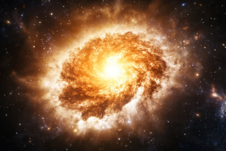 A stunning cosmic explosion radiates vibrant colors and energy, illustrating the vastness of space.の写真素材