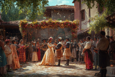 A joyful wedding unfolds in a vibrant village square, with guests in historical attire and floral decorations.の写真素材